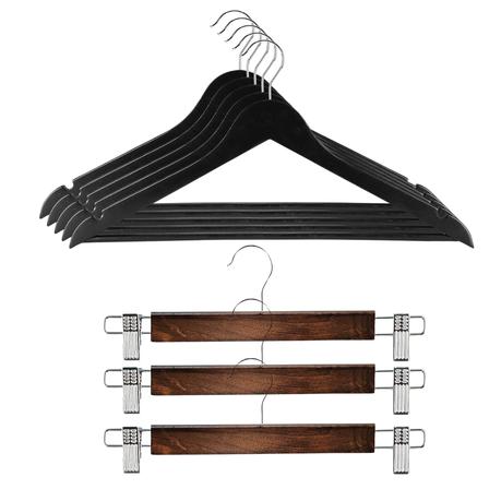 Wooden Coat Hanger and Pant Hangers Combo ( 16 Pieces) - Black