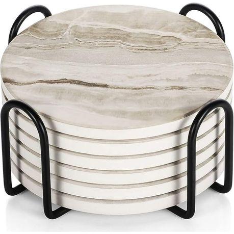 Bestby - 6-piece Round Ceramic Coasters with Metal Holder