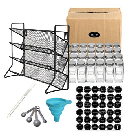 Bestby - 4 Tier Metal Spice Rack Organizer with 28 Glass Jars and Tools Set