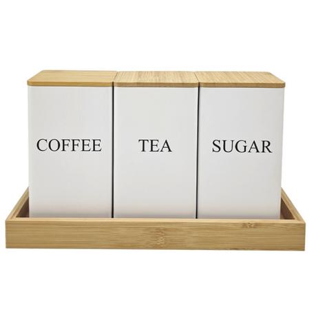 Bestby -3-Pcs Canister Set ,Tea, Coffee, Sugar Jars with Bamboo Lid & Tray - White