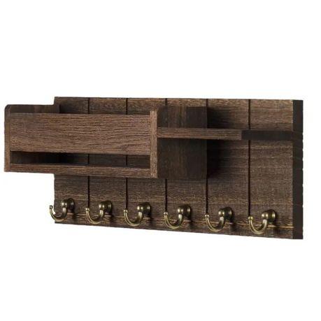 Bestby Rustic Brown Wooden Wall Key Holder with Mail Organizer & Tray