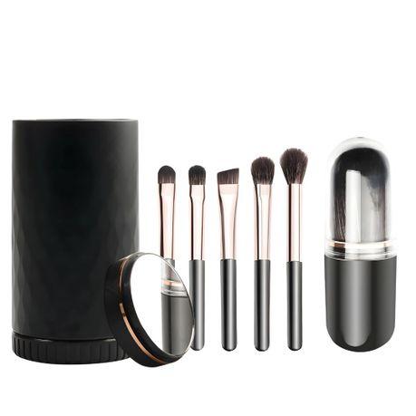 Bestby-6 in 1 Portable Mini Size Makeup Brushes Kit with Built-in Mirror - Black