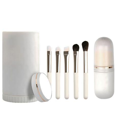 Bestby-6 in 1 Portable Mini Size Makeup Brushes Kit with Built-in Mirror - White